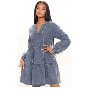 Fashion Nova Blue Denim Tiered Babydoll Mini Dress Sz Xl NWT Tie Neck And Cuffs